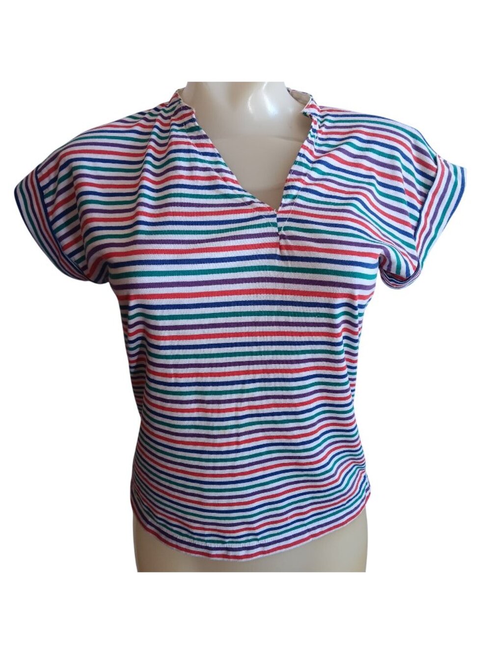 Women's Large Vintage T-Shirt Casual Corner Striped V-Neck Top 1980s Altered